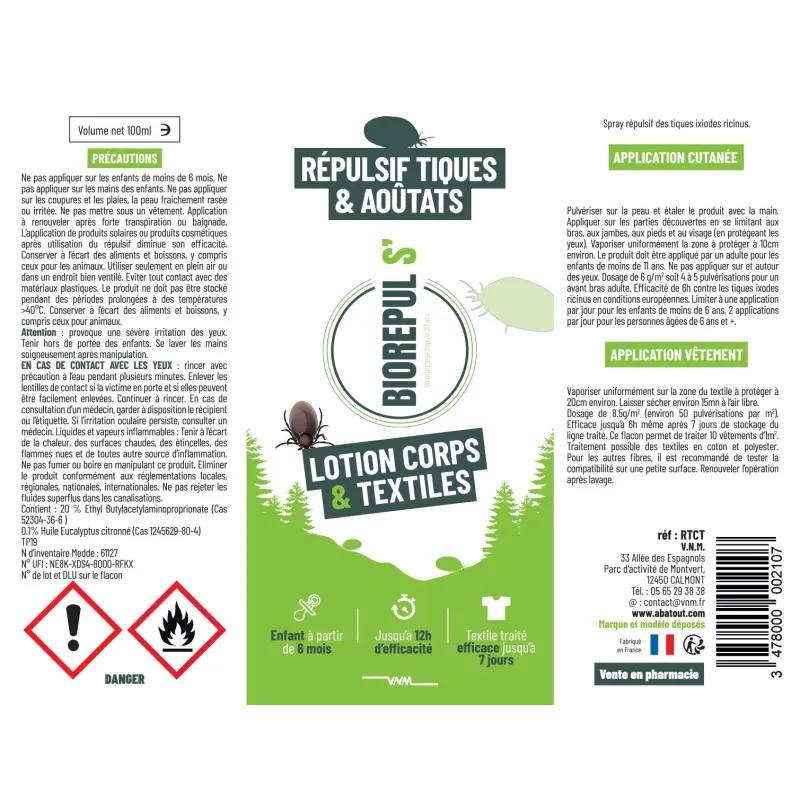 BIOREPULS' Répulsif Tiques/Aoutats Corps/Textiles 100ml