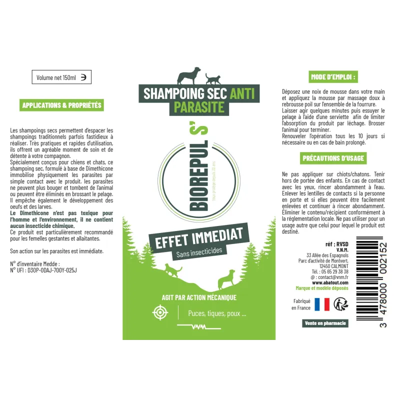 VETO Shampoing Sec Anti-Parasitaire Chiens/Chats 150ml